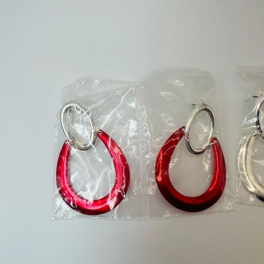 Vintage Avon Teardrop Drop Earrings Red & Silver Tone NOS - set of 2